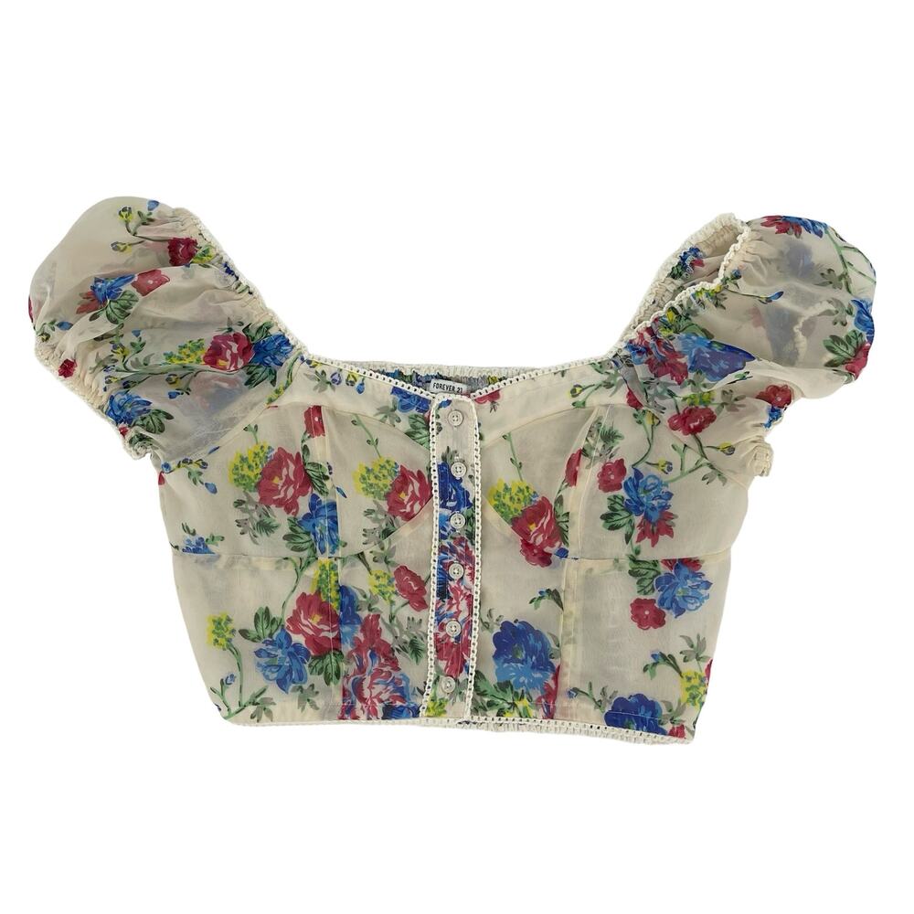 Floral Cottagecore Babydoll Sheer Cropped Top Medium Festival Fairy Forest Flirt